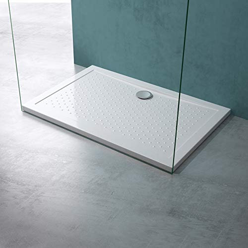 Mai & Mai Piatto Doccia Antiscivolo con Piletta 80x110x4cm, Piatto Doccia Rettangolare Lucia02AR in Acrilico incl. Piletta di Scarico (AL01), Bianco