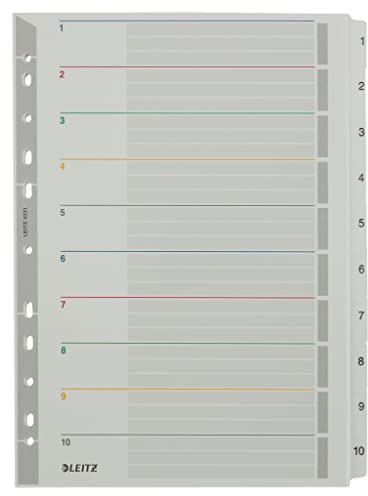 Leitz Register für A4, Laminiertes Deckblatt und 10 Trennblätter mit Zahlenaufdruck 1-10, Lochrand und Taben folienverstärkt, Überbreite, Grau, Karton, 43310000