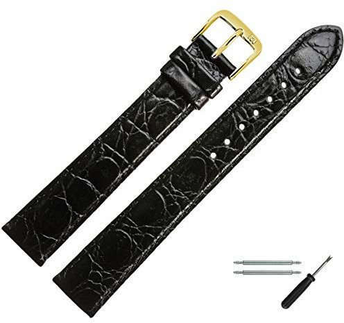 MARBURGER Uhrenarmband 16mm Leder Schwarz Gold XL Kroko Prägung Mit Naht - Montage Set 6811610000220