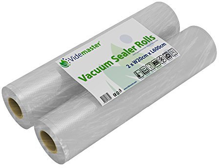 Vacuum Food Sealer Rolls 2 Pack 20cm x 6m Each 12m in Total by Videmaster | BPA Free Storage Freezer Food Saver Roll Bags | For Meat, Sausage, Vegetables, Sous Vide Cooking & More | Great Vacuum Machine Compatibility