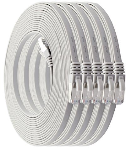 5 m - blanc - lot de 5 câbles réseau plats Cat7 câble brut Cat 7 câble ruban Gigabit Lan (10Gbit/s) câble d'installation câble patch plat mince fiche Rj 45 Cat6a