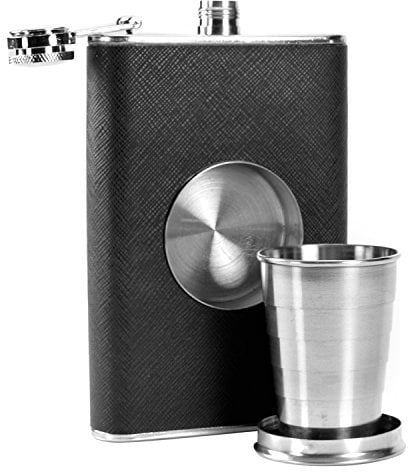 Edelstahl-Flachmann mit einklappbarem Becher, ideales Geschenk zum 21. Geburtstag, für Damen und Herren, integriertes zusammenklappbares Schnapsglas, 236 ml, geeignet als Hüft-Wasserflasche oder als Alkohol-Flachmann für Whisky, Wodka, Brandy, Rum etc.