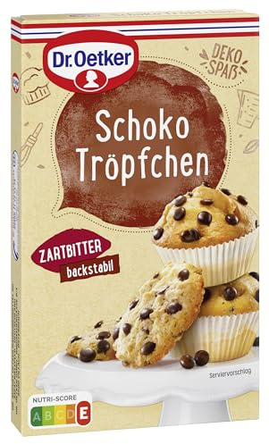 Dr. Oetker Schoko Tröpfchen, 75 g, kleine Drops aus Zartbitterschokolade, zum Einbacken in Kuchen, Schokolade zum Verfeinern von Torten, Muffins & Co., backstabil, vegan