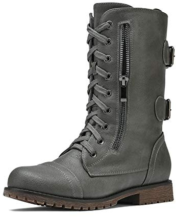 DREAM PAIRS Women's Terran Grey Mid Calf Built-in Wallet Pocket Lace up Military Combat Boots Size 9.5 US/ 7.5 UK
