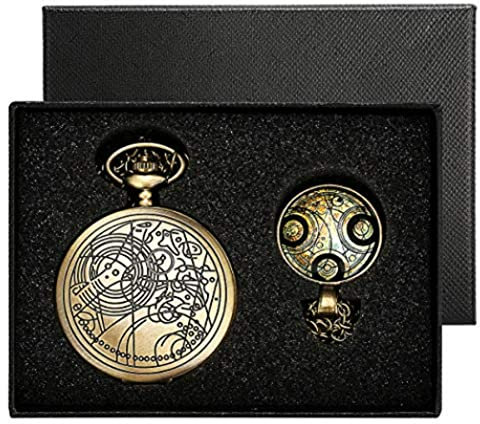 yisuya® Bronze Doctor Who Retro Dr Who Quarz Taschenuhr mit Kette Herren Jungen Halskette Anhänger Geschenkbox