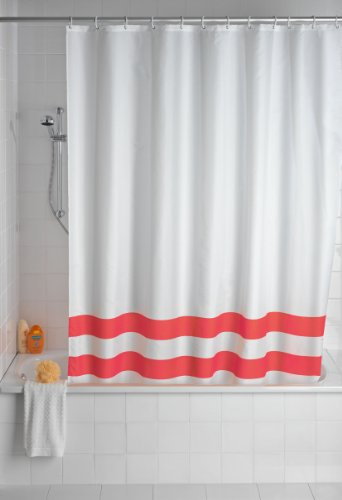 Wenko 19246100 Duschvorhang Tropic Red - hochwertiges Textilgewebe, 180 x 200 cm, weiß, rot gestreift