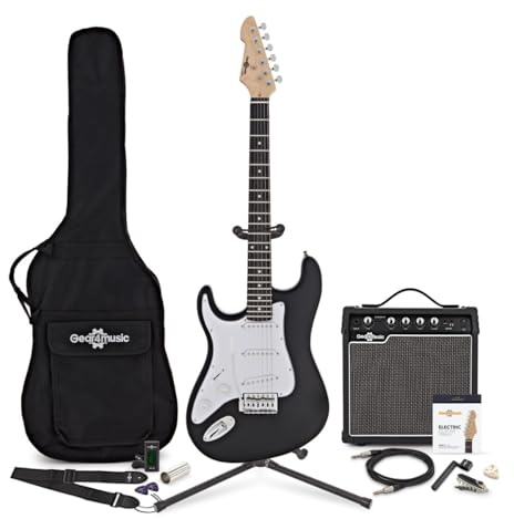 LA Linkshändergitarre, Schwarz, im Bundle mit 15-Watt-Verstärker und Zubehör-Komplettset