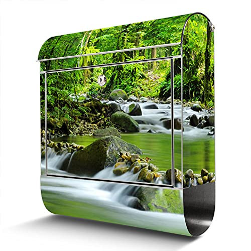 banjado® Briefkasten Edelstahl mit Motiv Rauschender Bach 38x43x12cm & 2 Schlüssel - rostfreier Edelstahl Briefkasten mit Zeitungsfach - Postkasten A4 Einwurf inkl. Montagematerial