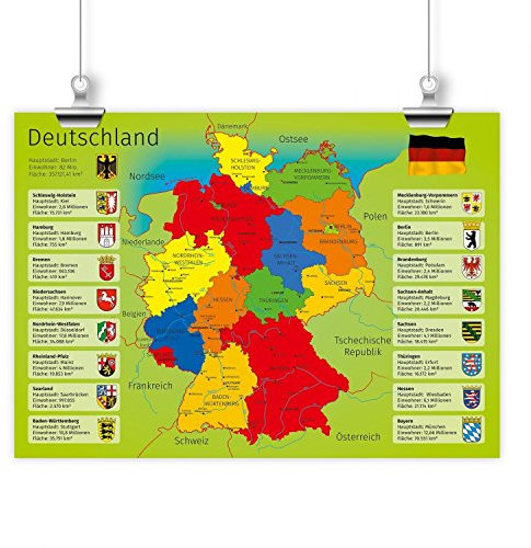 nikima - Kinder Lernposter Deutschland mit Bundesländern - Plakat für Kindergarten Schule Schulanfang Schuleintritt Einschulung Kinderzimmer Deutschlandkarte - Größe DIN A1-841 x 594 mm