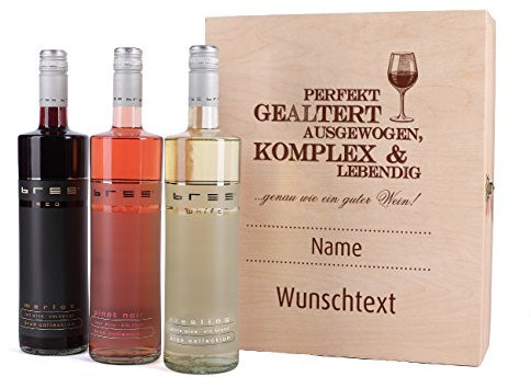 private Wine Wein-Geschenkset mit 3 Flaschen BREE in edler Holzkiste mit Gratis Aufdruck