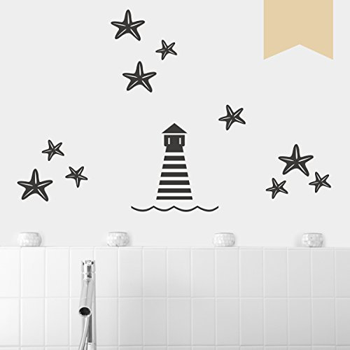 WANDKINGS Wandtattoo Leuchtturm und 10 Seesterne im Set Größe SMALL in beige - erhältlich in 33 Farben
