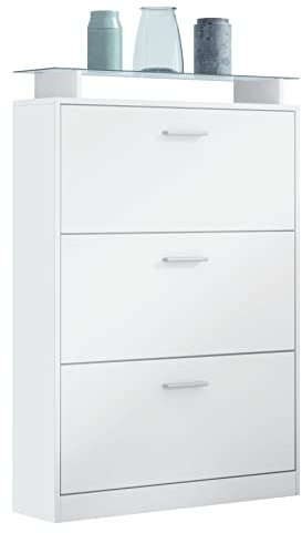 Vladon Schuhschrank Lavia, Made in Germany, Schuhkipper für 24 Paar Schuhe mit 3 Klappen und Glasablage, Weiß matt/Weiß matt (89 x 128 x 23 cm)