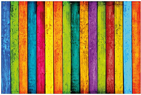 Wallario Garten-Poster Outdoor-Poster - Buntes Holz - Bunte Streifen mit Farbe und Holzstruktur in Premiumqualität, Größe: 61 x 91,5 cm, für den Außeneinsatz geeignet