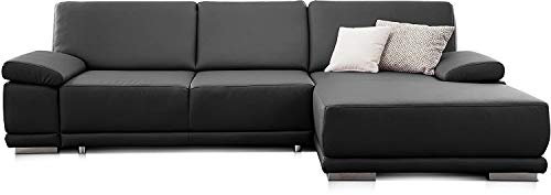 CAVADORE Ecksofa Corianne in Lederoptik / Couch inkl. Armteilverstellung und Longchair in modernem Design / 282 x 80 x 162 / Kunstleder, schwarz