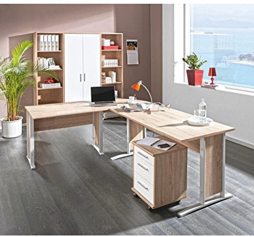 OFFICE LINE Büromöbel Komplettset in Eiche Sonoma Optik, Weiß - Möbel Set 3-teilig bestehend aus Eckschreibtisch, Rollcontainer und Regalwand