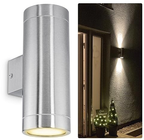 SSC-LUXon LED Wandlampe TIRA Up & Down Außen 230V - Wandleuchte IP44 - Oberfläche Edelstahl - inkl. 2 LED Leuchtmittel 3W GU10 warmweiß 2700K