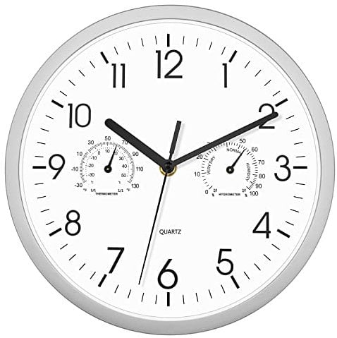 Foxtop Wall Clock with Thermometer Hygrometer, Indoor Semi-outdoor Modern Silent Non-Ticking Outside Temperature Humidity Clock for Garden Kitchen Bathroom Bedroom Living Room Office