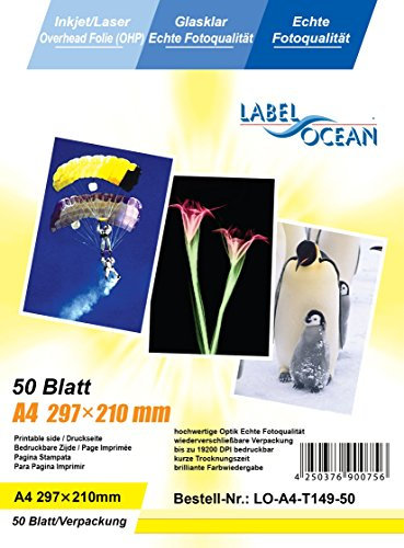 50 Blatt A4 Overheadfolie (OHP Transparentfolie Transparentpapier) für Inkjetdrucker Laserdrucker Tintenstrahldrucker Kopierer