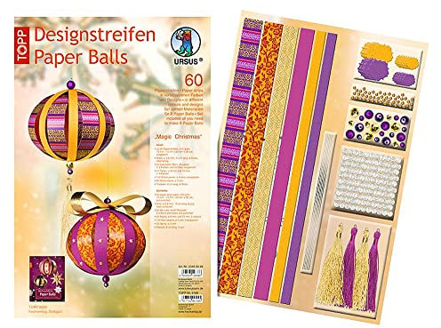 Ursus 23480099 - Designstreifen Paper Balls Magic Christmas, Material für bis zu 8 Paper Balls, Durchmesser ca. 10 cm, 60 Streifen mit Zubehör, ideal zum Basteln von individuellen Weihnachtskugeln