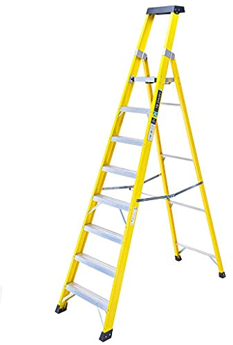 TB Davies 1236-008 Trade Electrician Platform Step Ladders, 8 Tread, Platform Height 1.9m, GRP Fibreglass, Built-in Tool Tray, 150kg Work Load, EN131