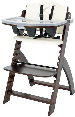 Abiie Beyond Junior Wooden High Chair with Tray - Adjustable and Convertible High Chair for Babies and Toddlers - 6 Months to 250 Lb - Water Resistant - Mahogany Wood/White Cushion