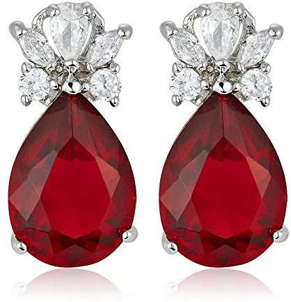 [RIZILIA TEARDROP] Stud Drop Pierced Earrings with Pear Cut Gemstones CZ [Red Ruby] in 18K White Gold Plated, Simple Modern Elegance