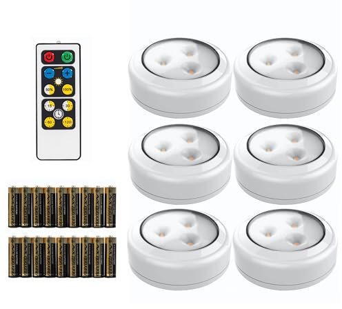 Brilliant Evolution Stick on Puck Lights with Remote, Battery Operated Wireless LED Lights for Cabinets, Stairs, Under Kitchen Cabinet Lighting, Stick on Wall Lights - 6 Pack