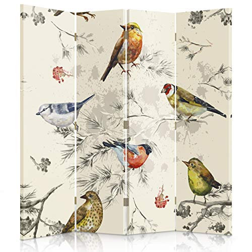 Feeby Paravent Vögel 145x150 cm 4 Teilig Modern Design einseitig Raumteiler Wandschirme Foto Trennwand Raumtrenner Sichtschutz Spanische Wand auf Leinwand Bedruckt Weiß Mehrfarben