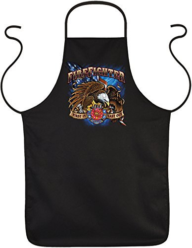 Geile-Fun-T-Shirts Grillschürze für Männer mit Motiv Firefighter - First in - Last Out | Grill Schürze Kochschürze lustig Baumwolle schwarz | lustige Geschenke zum Thema Feuerwehr BBQ Grillen