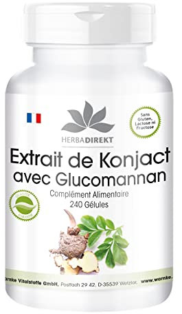 Konjac 527 mg - Extrait - 240 gélules - Végétarien - Avec 95% de glucomannane | Herba Direkt - Qualité des pharmacies allemandes
