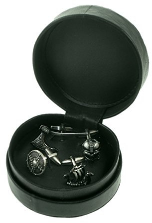 Viking-Themed Cufflinks Set, Battle Axe, Longboat, Shield and Helmet Design, Black Leather Travel Case