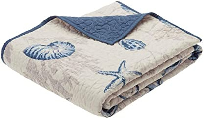 Madison Park Bayside Luxury Oversized Quilted Throw Ivory Navy Blue 60x70 Coastal Premium Soft Cozy Microfiber For Bed, Couch or Sofa
