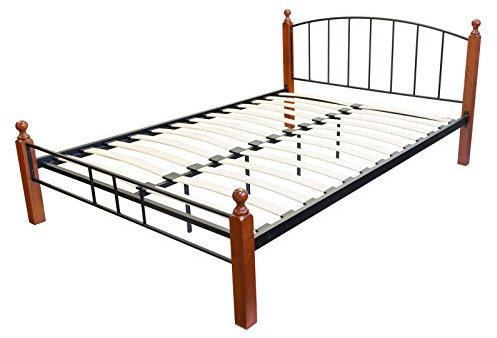 Homestyle4u 547, Metallbett 140x200 cm Bett mit Lattenrost Bettgestell Metall Schwarz Holz Braun Schlafzimmer