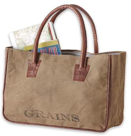 Loberon Tasche Grains, mit Vintage-Print, im Angesagten Used-Look, Modischer Shopper, Handtasche, Henkeltasche, Accessoire, Baumwolle, Ziegenleder, khaki