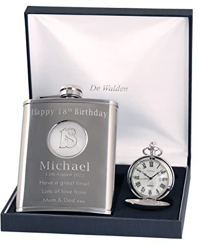Engraved 18th Birthday 18 Feature Mother of Pearl Pocket Watch and Hip Flask Gift Set