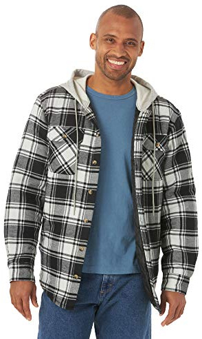 Wrangler Authentics Mens Long Sleeve Quilted Lined Flannel Shirt Jacket Hooded Button Down Shirt