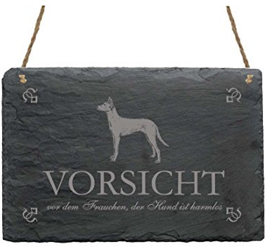 Schiefertafel Podenco « VORSICHT VOR DEM FRAUCHEN DER HUND IST HARMLOS » Schild mit Hunde Motiv - Dekoration Dekoschild Türschild