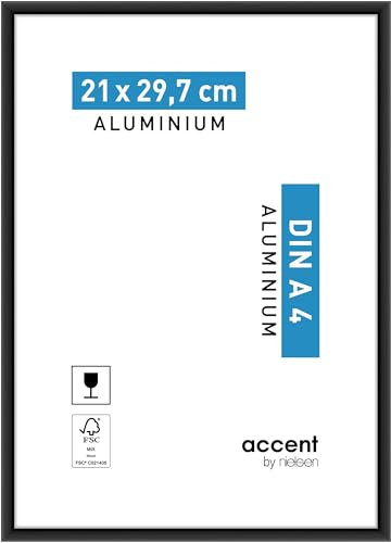 accent by nielsen Bilderrahmen, 21 x 29,7 cm (A4), Aluminium, Schwarz matt, Dokumentenrahmen zum Aufhängen im Hoch- & Querformat, Echtglas, Accent