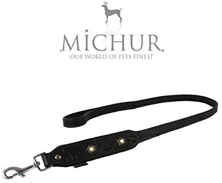 MICHUR Pablo Leine Hundeleine Leder, Lederleine Hund, Leine, BRAUN, Leder, mit gestanzten Blumenmuster und weißen Stein Größe (ca.) 150x2,5cm