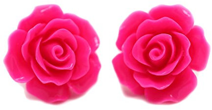 Bluebubble ENGLISH ROSE 22mm Hot Pink Carved Rose Stud Earrings on Gift Card