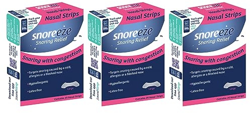 Snoreeze Anti-Snoring Nasal Strips - Snoring Aids for Men and Women to Improve Airflow - Nose Strips to Reduce Snoring with Nasal Congestion - Use with Mobile App - Large, Triple Pack- 60 Count