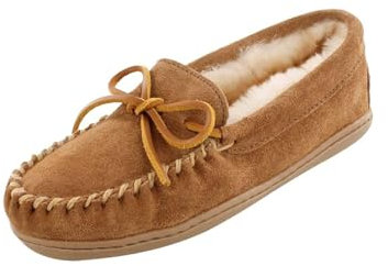 Minnetonka Women's Sheepskin Hardsole Slipper, Tan, 5 M US