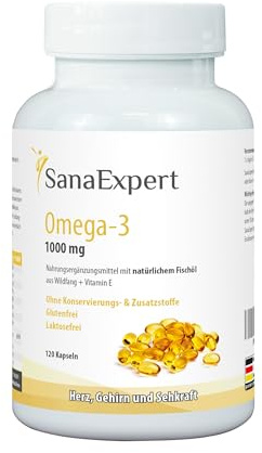 SanaExpert® Omega-3 Fettsäuren, 1000 mg, mit Natürlichem Fischöl aus Wildfang und Vitamin E, für Gehirn, Herz & Sehkraft, 120 Kapseln, 2-Monatspackung