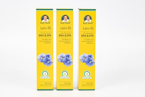 Ralf Moll Leinöl mit DHA+EPA, 3x250ml, natives Speiseöl | 1. Kaltpressung, 3er Pack mit Dosierer