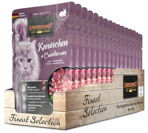 LEONARDO Frischebeutel [16x85g Kaninchen + Cranberries] | Getreidefreies Nassfutter für Katzen | Feuchtfutter Alleinfutter im Einzelportionsbeutel