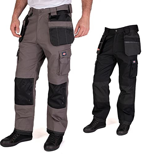 Lee Cooper Herren Premium Multi & Holster Pocket Kneepad Arbeitssicherheitshose Cargohose, Grau / Schwarz, 34 Taille Großes Bein
