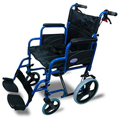 Aidapt Folding Lightweight Attendant Propelled Steel Wheelchair With 18 Seat, Twin Brakes, Lap Strap, Padded Upholstery, Removable Foot Rests and Side Panels for Privacy. Indoors and Outside