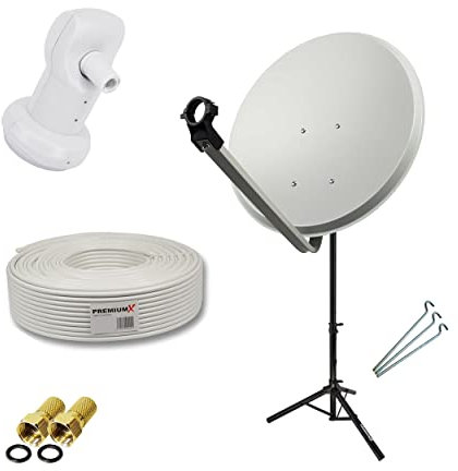 Premium X Satelliten-Komplettanlage 80cm Satellitenschüssel SAT Single LNB 10m Antennenkabel 2X F-Stecker Dreibein-Stativ