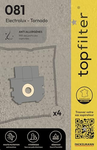 TopFilter 64081 Lot de 4 sacs aspirateur Electrolux et Tornado, sac aspirateur Tornado, sac aspirateur, poche aspirateur, sac aspirateur, Non tissé polypropylène, Caoutchouc, Carton, 30 x 26 cm