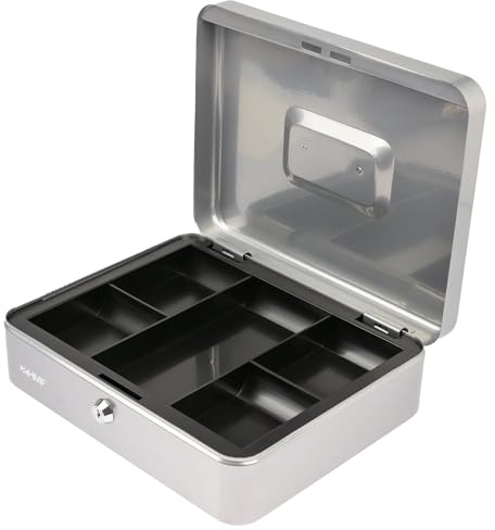HMF Geldkassette abschließbar, Kasse mit Münzeinsatz, 5 Münzfächer | 30 x 24 x 9 cm | Silber